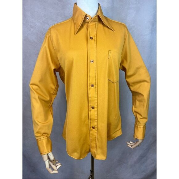 Vintage 1970s Plus Size Golden Yellow Blouse Dagger Collar Top Mod MCM Disco L - Picture 2 of 8